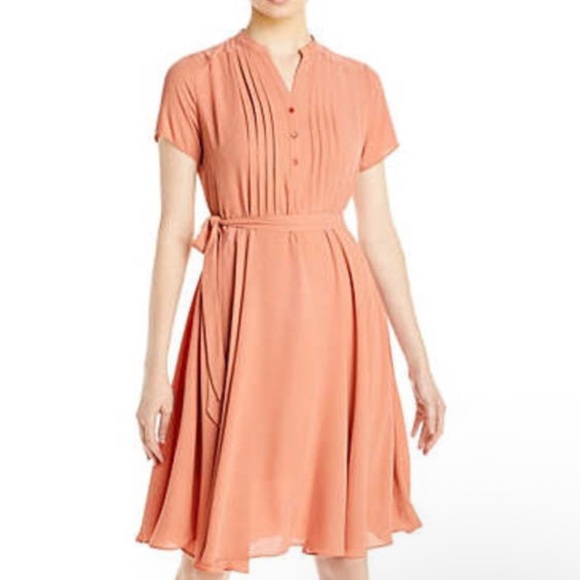 NWT Nanette Lepore Clay Oven Orange Pintuck Short Sleeve Tie Waist Midi Dress - Picture 1 of 16